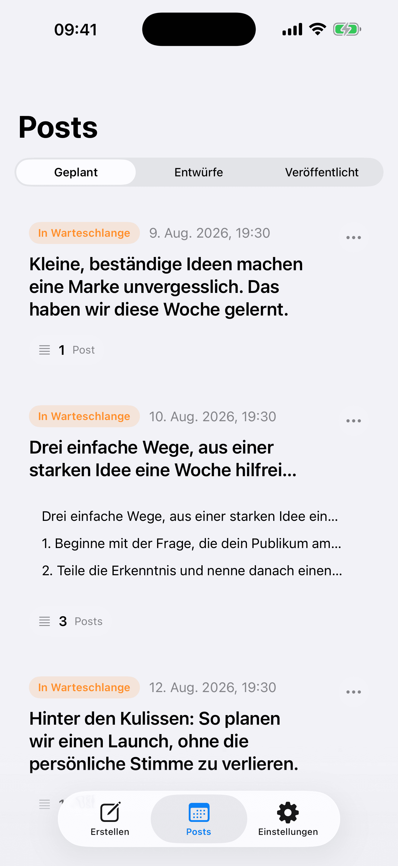 Tweetify Warteschlange mit geplanten Posts und Entwürfen