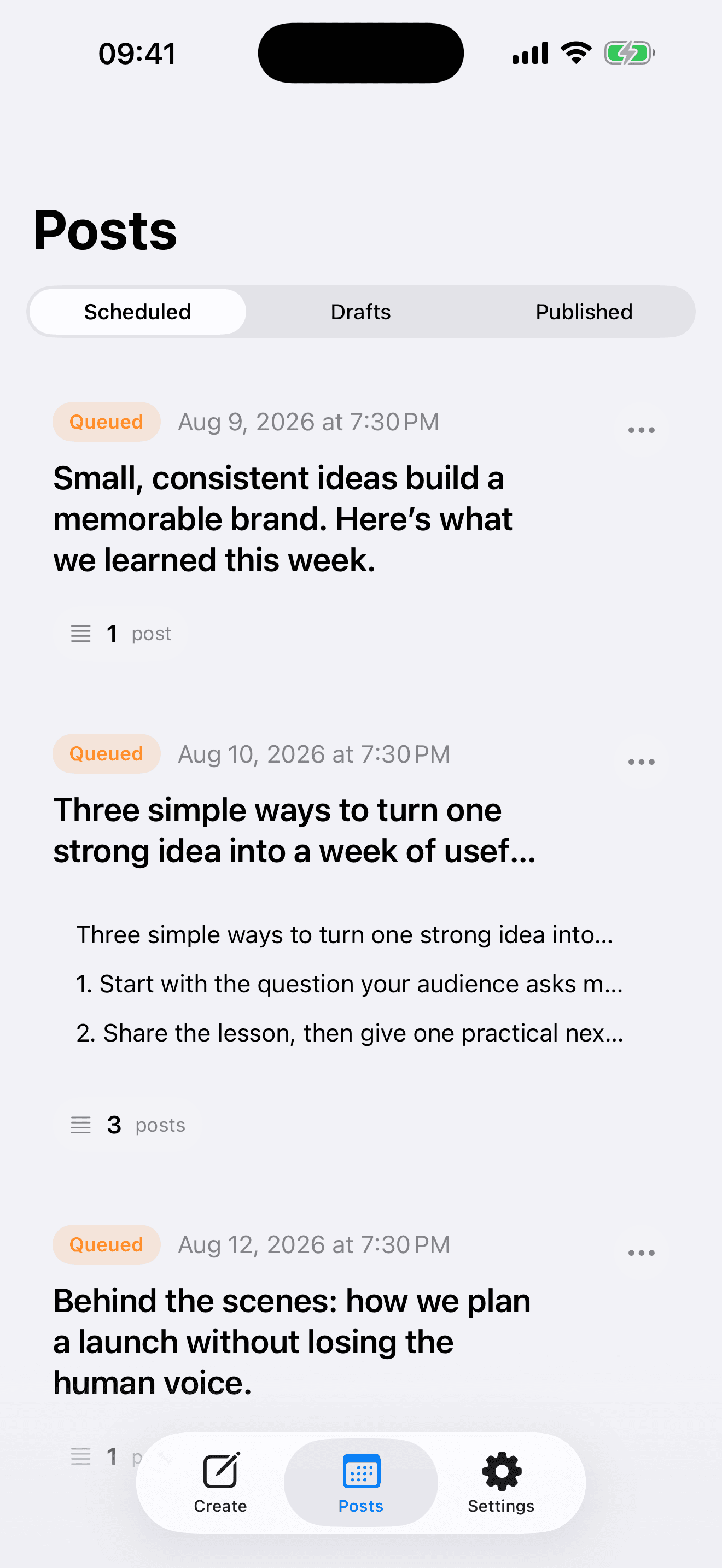 Tweetify queue showing scheduled posts and drafts