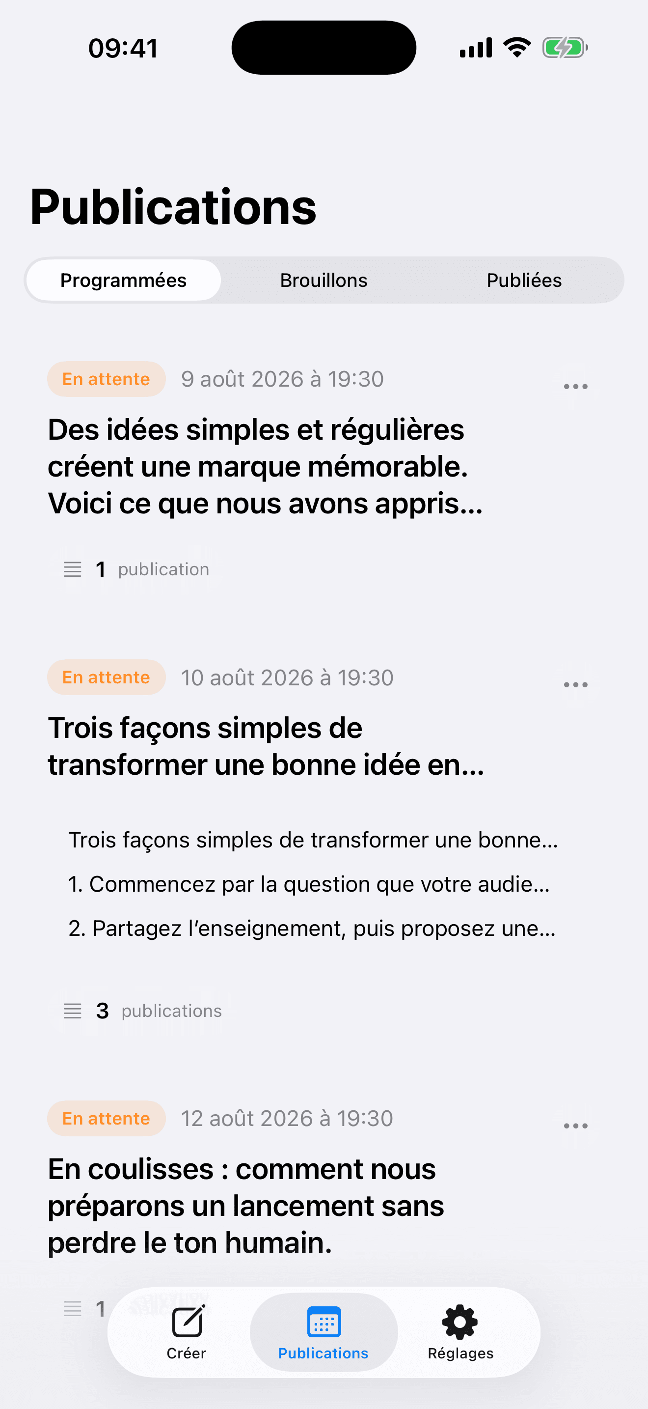 File Tweetify avec posts planifiés et brouillons